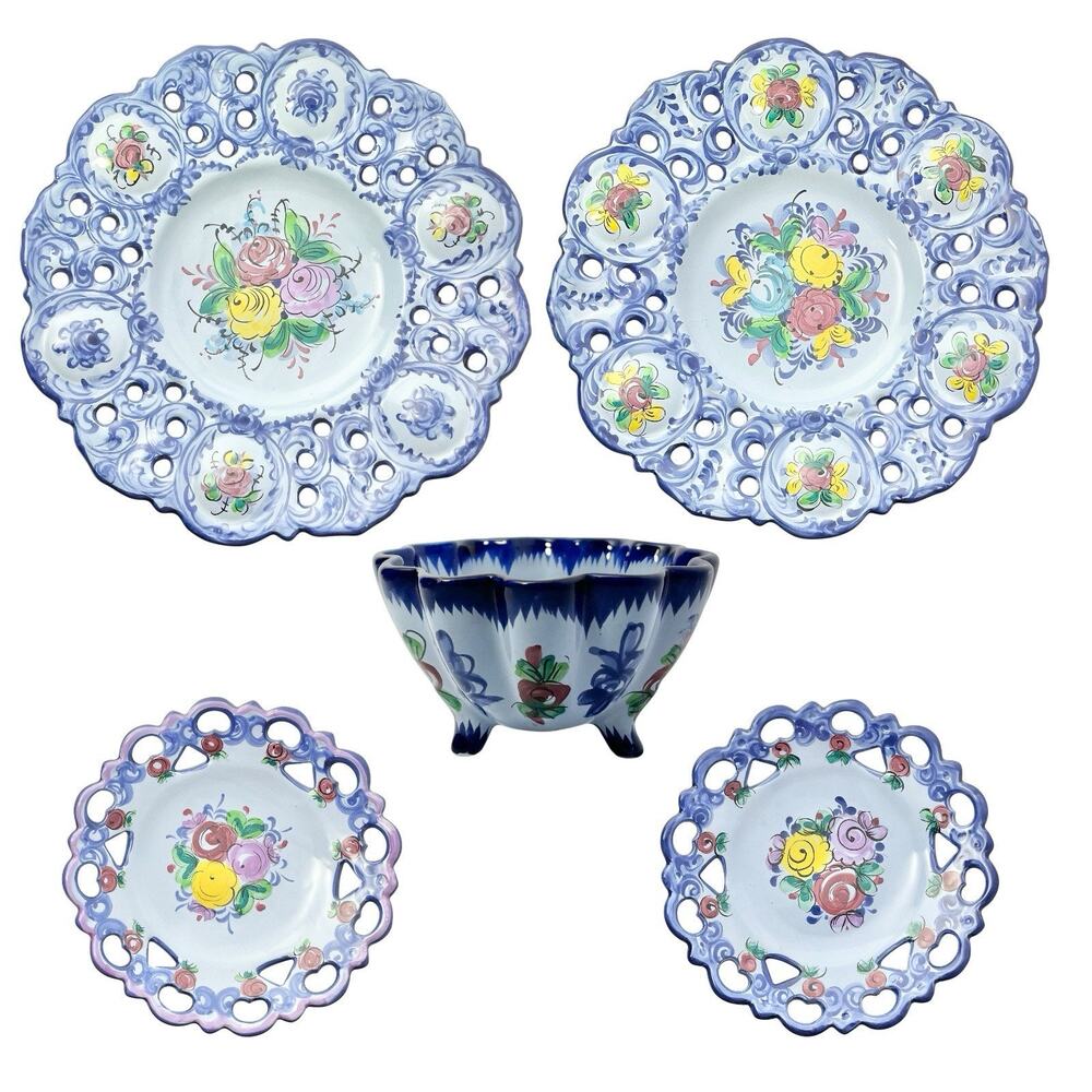 1970s 5-Piece Vintage Vestal Alcobaca Portugal Reticulated Pottery Bowl & Plates